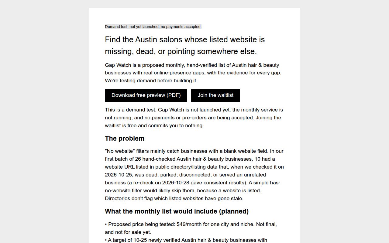 Gap Watch - a hand-checked list of Austin salons whose "website" is actually dead, parked, or someon